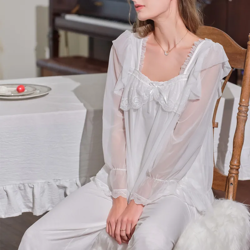 

White Women Nightgowns Sexy Square Collar Sleepshirts Vintage Elegant Nightwear Lace Patchwork Sleepwear Full Sleeve Nighty