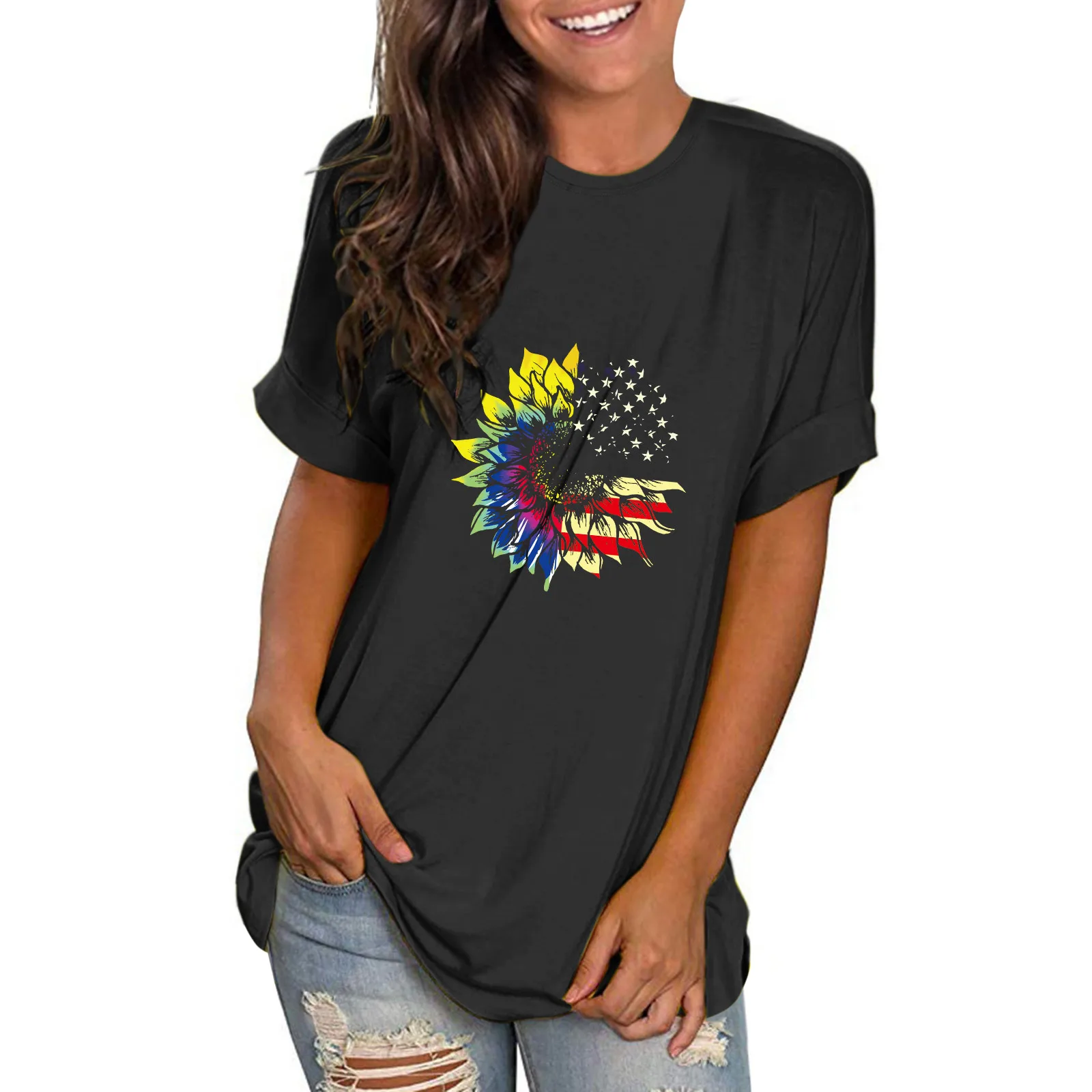 

Футболка женская с коротким рукавом, рубашка с американским флагом, с ручной росписью, с Боковым Разрезом, модная одежда холодного белого цв...