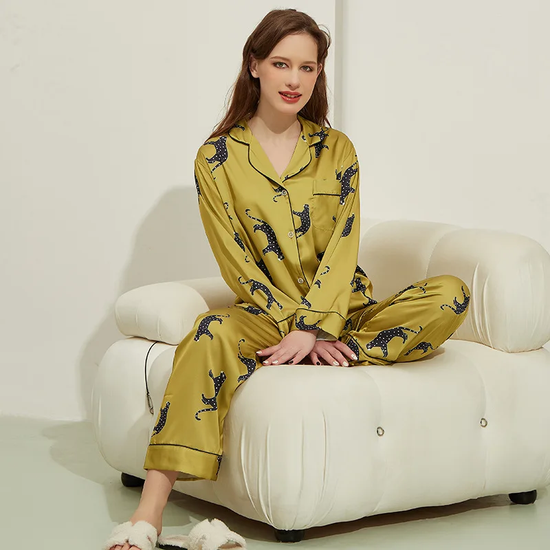 Autumn Winter Women 2-Pieces Pyjamas Elegant Animal Patterns Sleepwear Silk Satin Print Luxury Nightwear Homewear Set