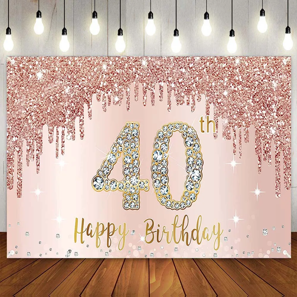 

Happy 40th Birthday Backdrops Party Cake Banner Rose Gold Dripping for Woman 40th Photography Background Wall Poster Forty Bday