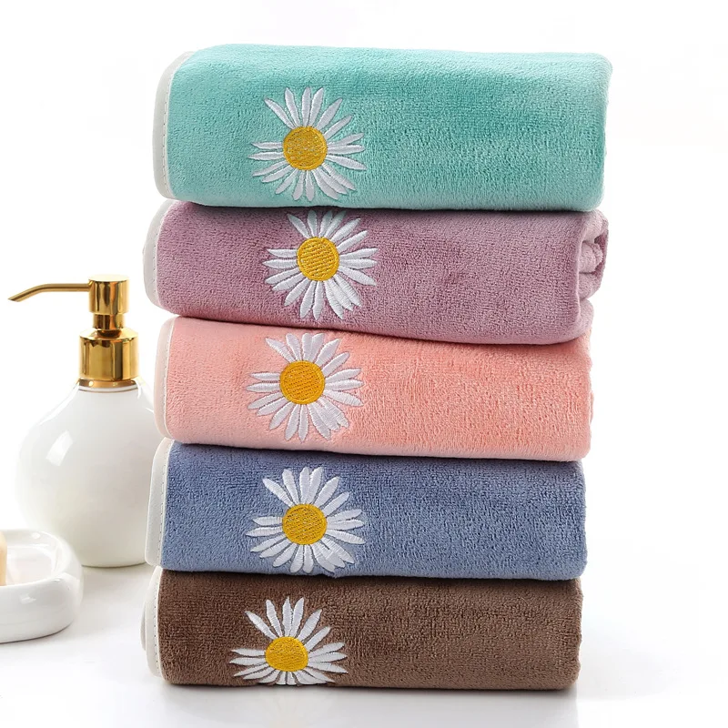

35*70 Coral Velvet Absorbent Embroidery Edging Small Daisy Towel Soft Household Face Wash New Born Children's Bath Towel