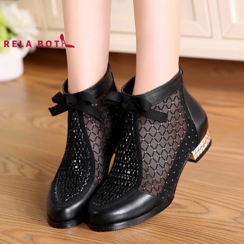 

Net Boots Back Zipper Fashion Diamond Bow Women's Boots Leather Shoes Hollow Fish Mouth Ankle Boots Mesh Comfortable Low Heels
