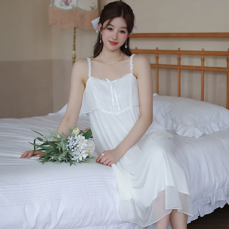 

Милая Ночная сорочка без рукавов, женская летняя Пижама, Сексуальная кружевная ночная сорочка из модала, длинная ночная сорочка со встроенным бюстгальтером