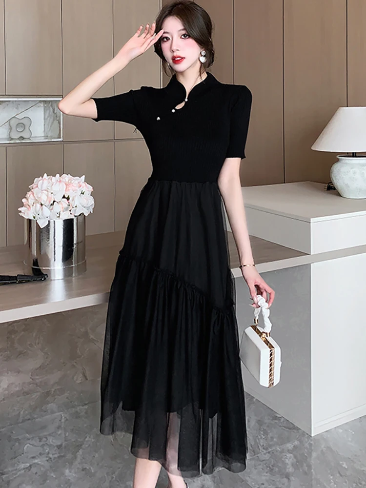 

Black Knitted Patchwork Mesh Long Dress 2023 Summer Short Sleeve Emboridered Flares Dress Women Korean Vintage Hepburn Vestidos