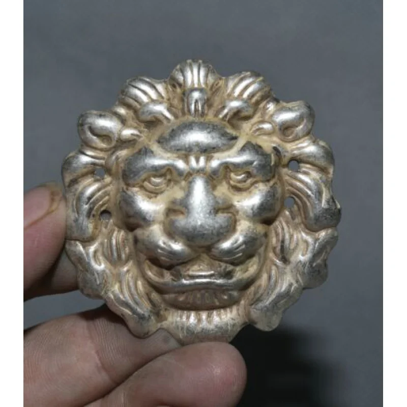 

6cm Rare Old Chinese Miao Silver Wind Water Blessing Dog Lion Beast Mask Lucky Pendant