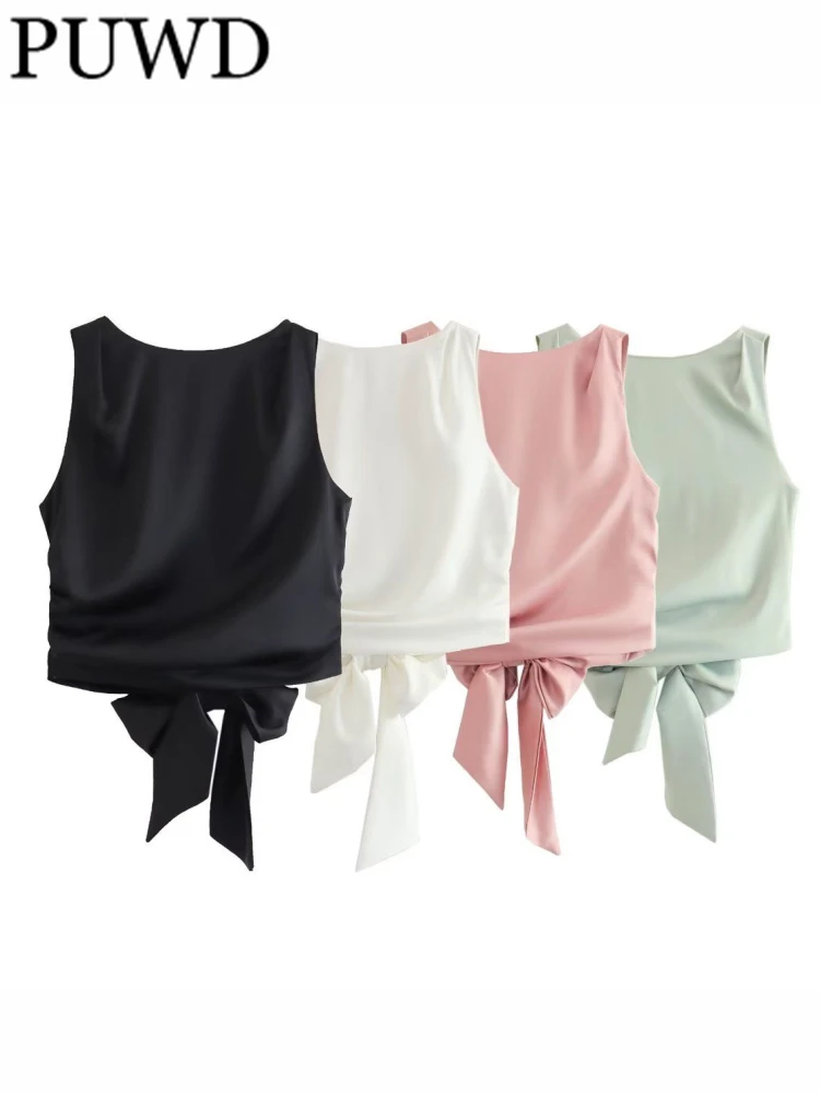

PUWD Women Fashion Black Lace-up Short Tank Top 2023 Summer Vintage Backless Sleeveless Satin Textured Tanks Female Crop Tops