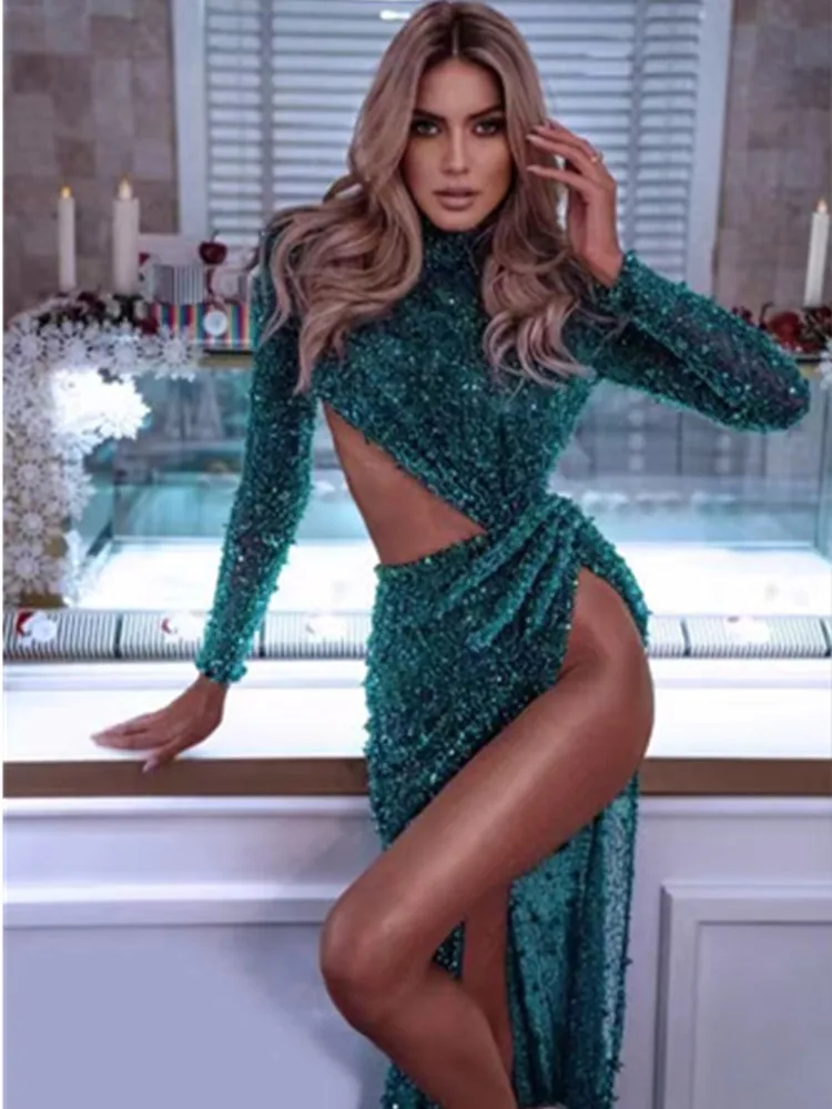 

Women Luxury Sexy Long Sleeve Green Sequins Maxi Long Bodycon Dress 2022 Designer Backless Split Evening Party Dress Vestido