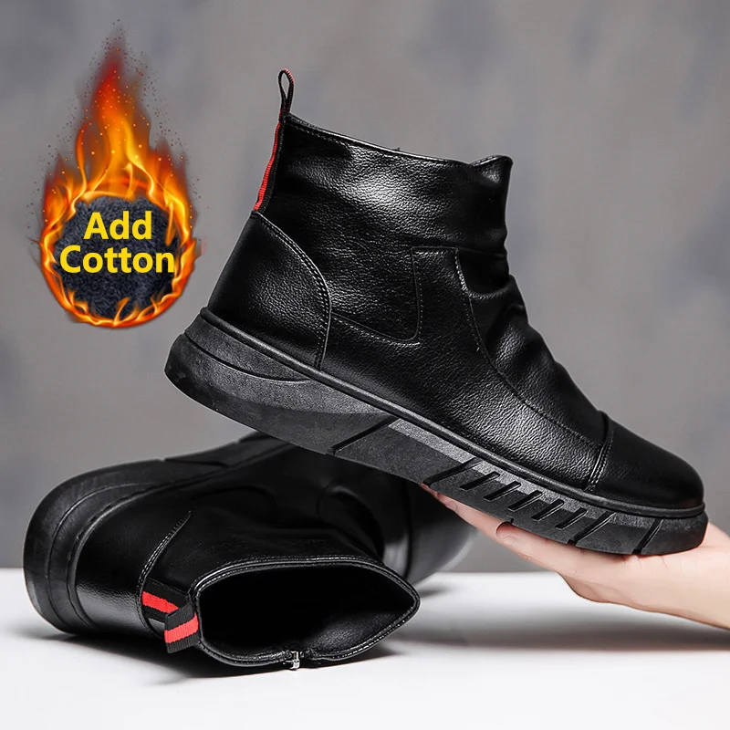 2022 Winter Plush Warm Booties Mans Boots for Men Black PU Leather Martens Boots Mens  Casual  Shoes Casual Fashion Comfortable