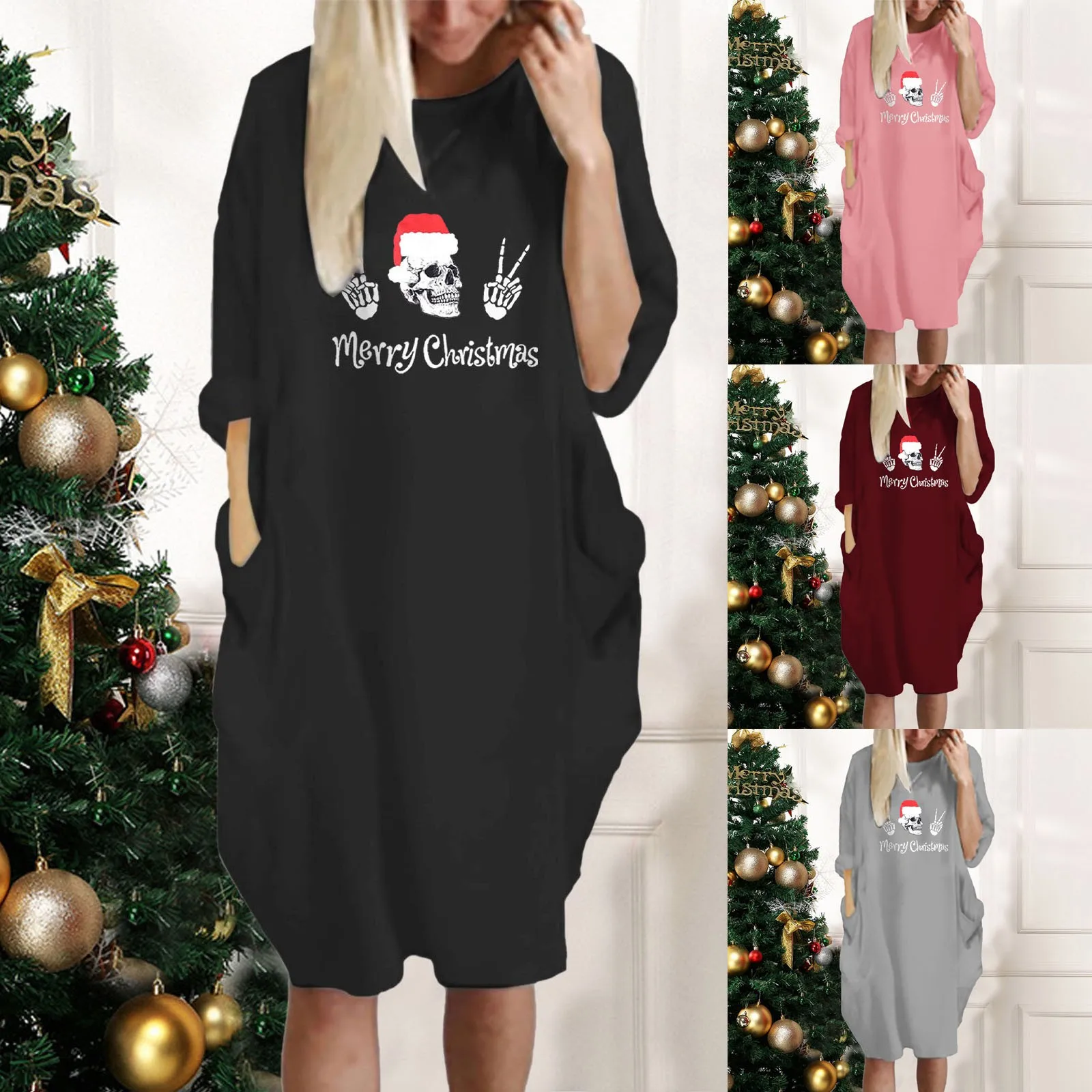 

Женское праздничное свободное платье с длинным рукавом и графическим принтом на Рождество, платье-туника с карманами и длинным рукавом