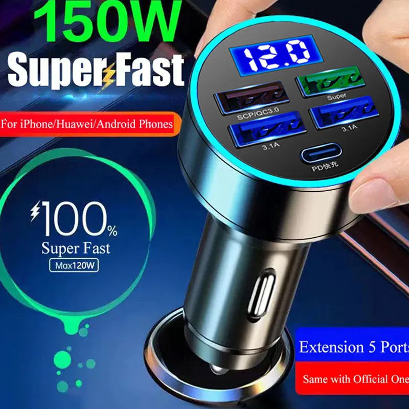 150 Вт 5-портовый USB PD автомобильное зарядное устройство адаптер 4USB-A + 1Type-C PD QC3.0 Быстрая зарядка для Samsung Galaxy S23 для Xiaomi 13pro для iPhone