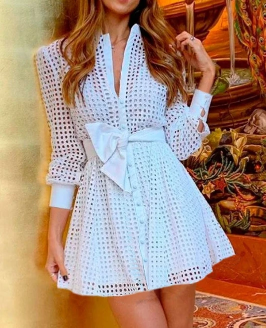 

Elegant Evening Party Dresses Women White Grid Long Sleeved Waistband Shirt Dress 2023 Autumn Winter Spring New Fashion Casual