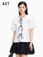 a21 womens sweet fashion shirt 2022 summer new french korean style loose bow puff sleeve lace up elegant pullover blouse