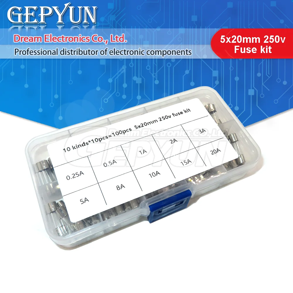

100Pcs/lot 5x20mm Quick Blow Glass Tube Fuse Assorted Kit Fast Blow Glass Fuses 250V 1A/2A/3A/4A/5A/6A/7A/10A/15A/20A