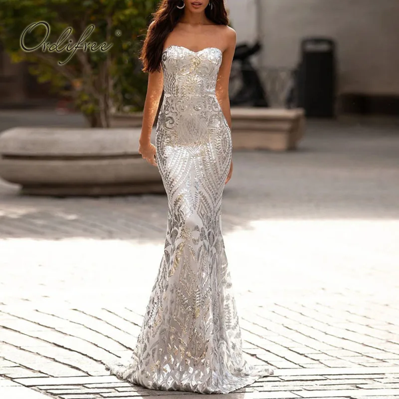 

Ordifree 2022 Summer Women Long Mermaid Dress Off Shoulder Sexy Backless Silver Sequin Maxi Party Dress