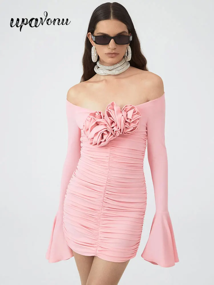 Sexy Pink Off Shoulder Flare Sleeves Bodycon Mini Dress Women Draped 3D Flower Design Dress Cocktail Evening Party Dress Vestido