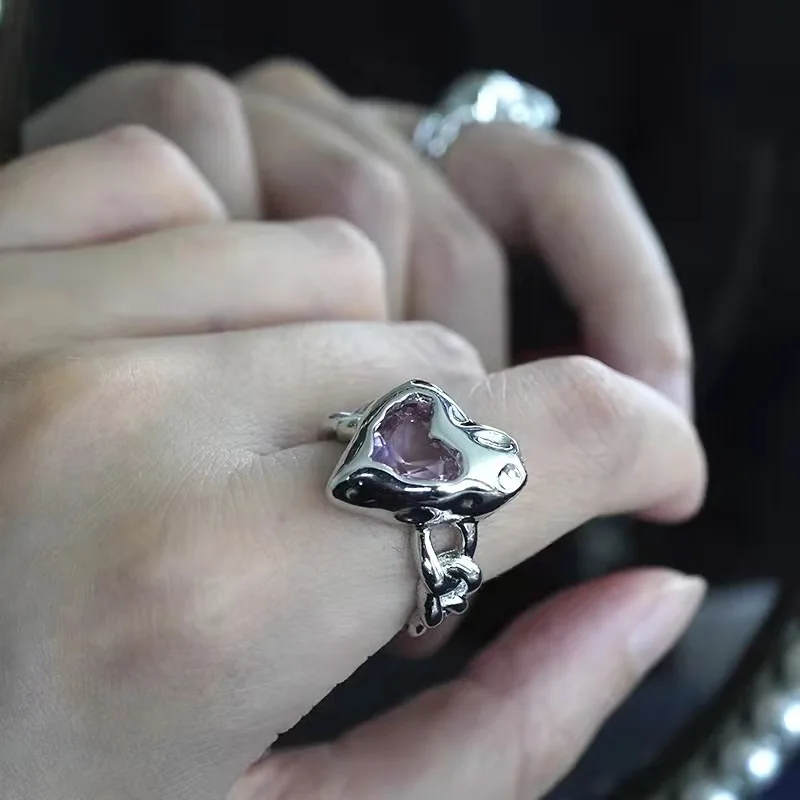 Silvology Real 925 Sterling Silver Chain Irregular Pink Zircon Heart Rings for Women Industrial Style Korea Concave Fine Jewelry