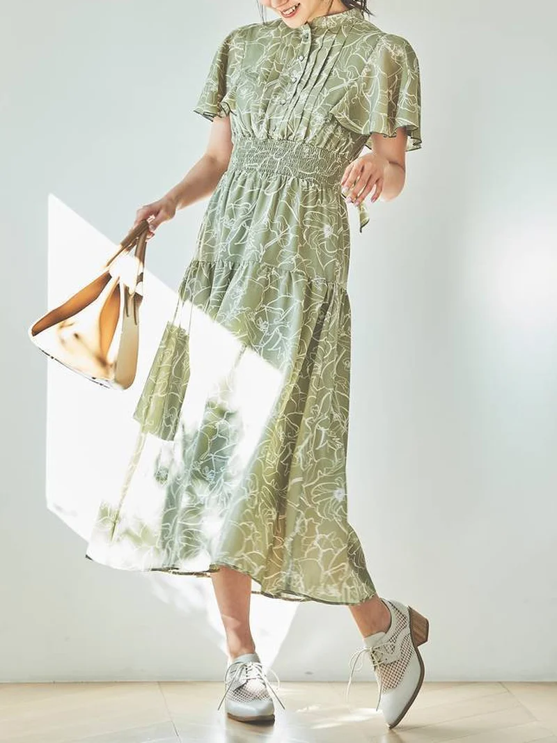 

CINESSD 2022 Summer Dress New Arrival Japanese Sweet Lady Style Femme Robe Long Print Flying Sleeve Pleated Slim Waist Vestidos