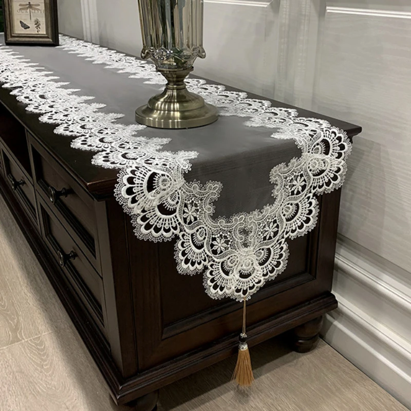 Lace Table Runner Dust Cover Embroidered TV Cabinet Tablecloth Pendant Tassel Dresser Table Decoration for Home Manteles De Mesa