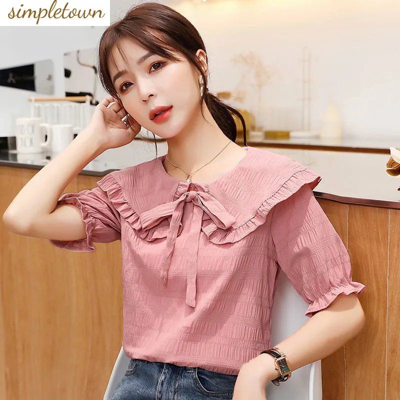 Short Sleeved Female Doll Collar Slimming Shirt 2023 Spring/summer New Sweet Bow Fairy Top Fashion Chiffon Shirt