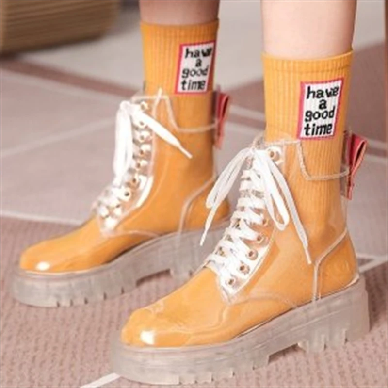 

2022 Fashion Women Pu Transparent Platform Boots Waterproof Ankle Boots Feminine Clear Thick Bottom Rainboots Sexy Female Shoes