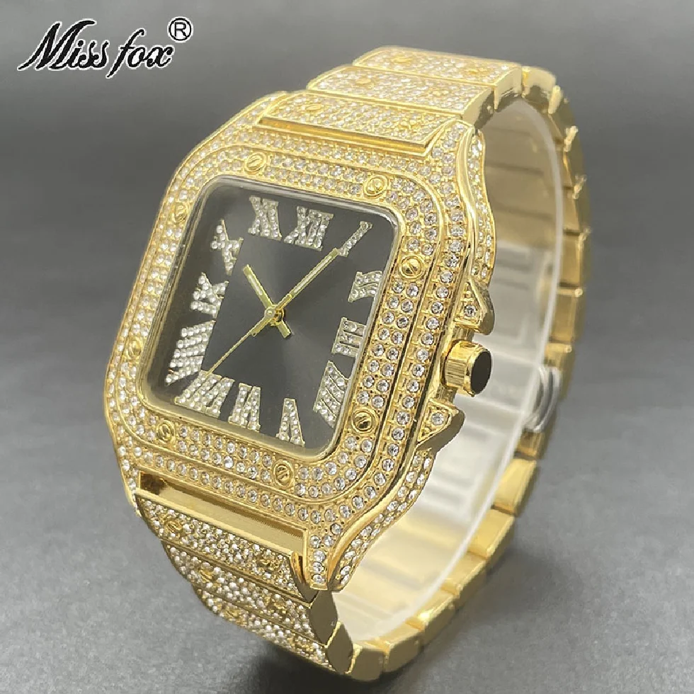 

Hot Brand MISSFOX Gold Square Fashion Watch Mens Luxury Full Diamond Waterproof Wristwatch AAA Black Hip Hop Clocks Reloj Hombre