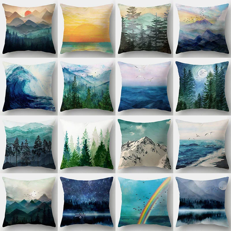 

Blue Sea Mountain Landscape Cushion Cover Ink Scenery Pattern Pillow Case Sunrise Snow Rainbow Sofa Home Decoration Pillowslip