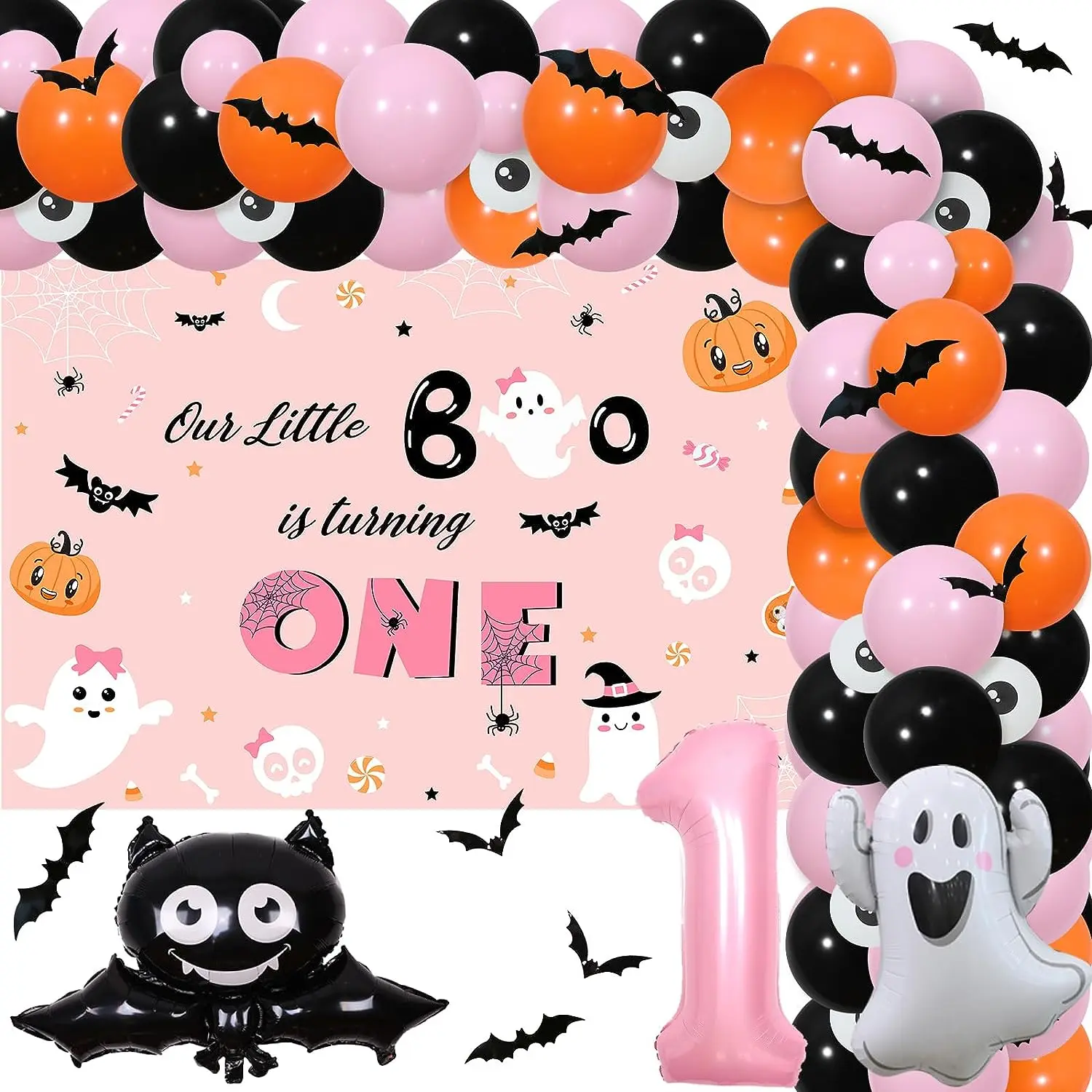 

Happy Birthday Party Decorations for Girls, Our Little Boo Is Turning One Decorations, Pink and Orange Balloon Arch with Backdro