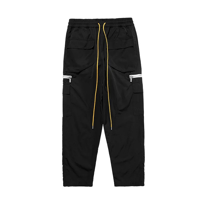 Black RHUDE Overalls 2021SS Men Women High Quality Zipper Pocket RHUDE Cargo Pants Buttoned Hem Retro Multi Pockets Trousers