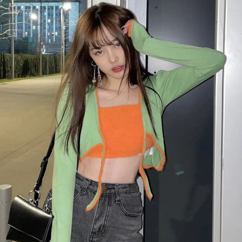 

New Fashion Chic Color Contrast short Sweater Sexy Girl Fake Two Piece Patchwork Knit Shirt Jumper Long Sleeve Slim Crop Top