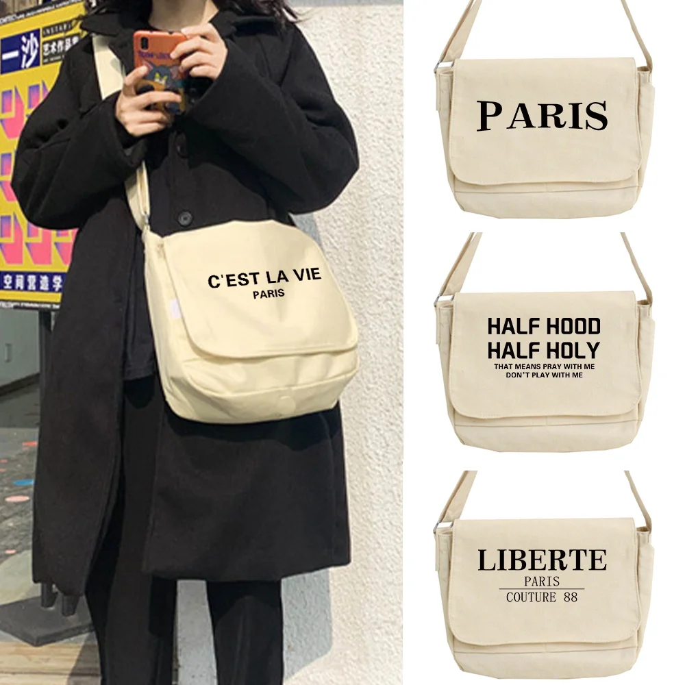 

2022 Canvas Crossbody Bag Korean Casual Shoulder Packet Text Print Postman Case Travel Large Capacity Organizer for Women Bags