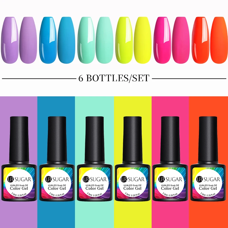 

HEALLOR Gel Nail Kit 6pcs Fluorescent Neon UV Gel Nail Polish Set All For Manicures Need Cured Top Coat Nail Varnish Set