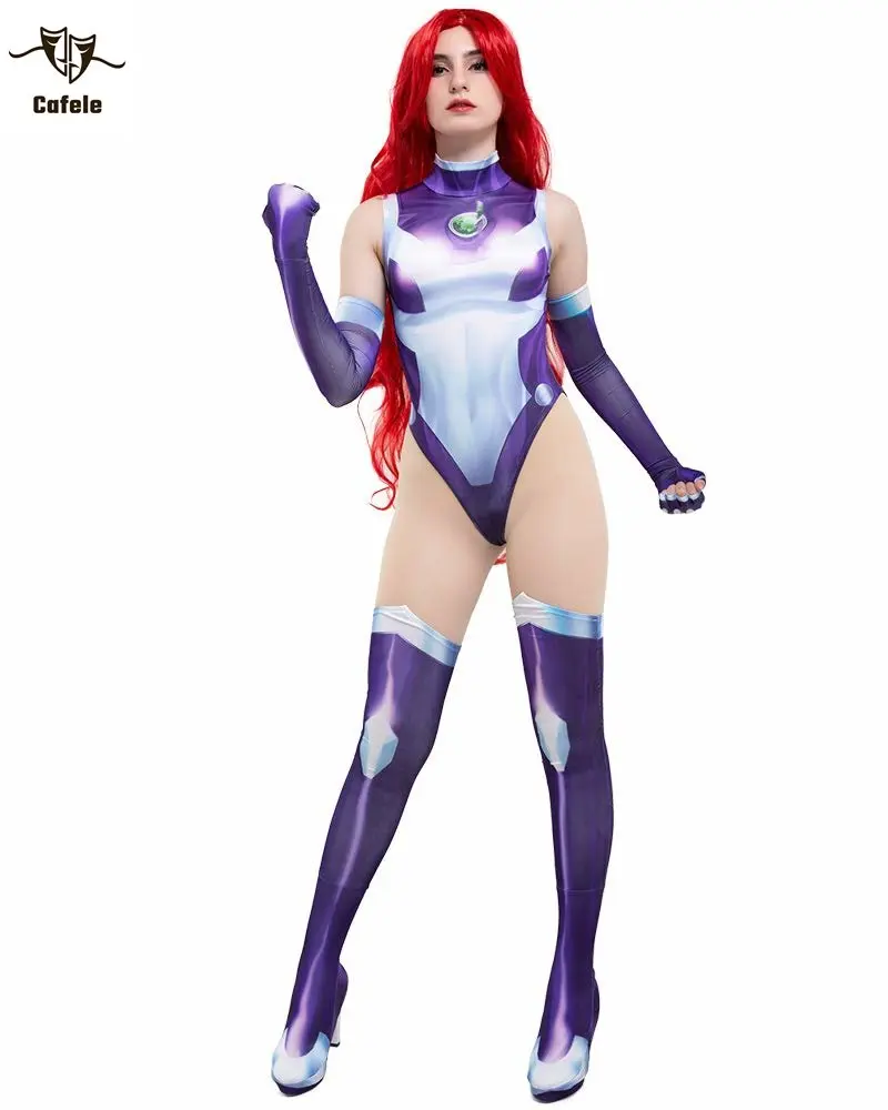 Anime Teen Titans Starfire Jumpsuit Cosplay Costume Superhero Bodysuit Koriand'r Cosplay Halloween Costume Props Zentai Catsuit