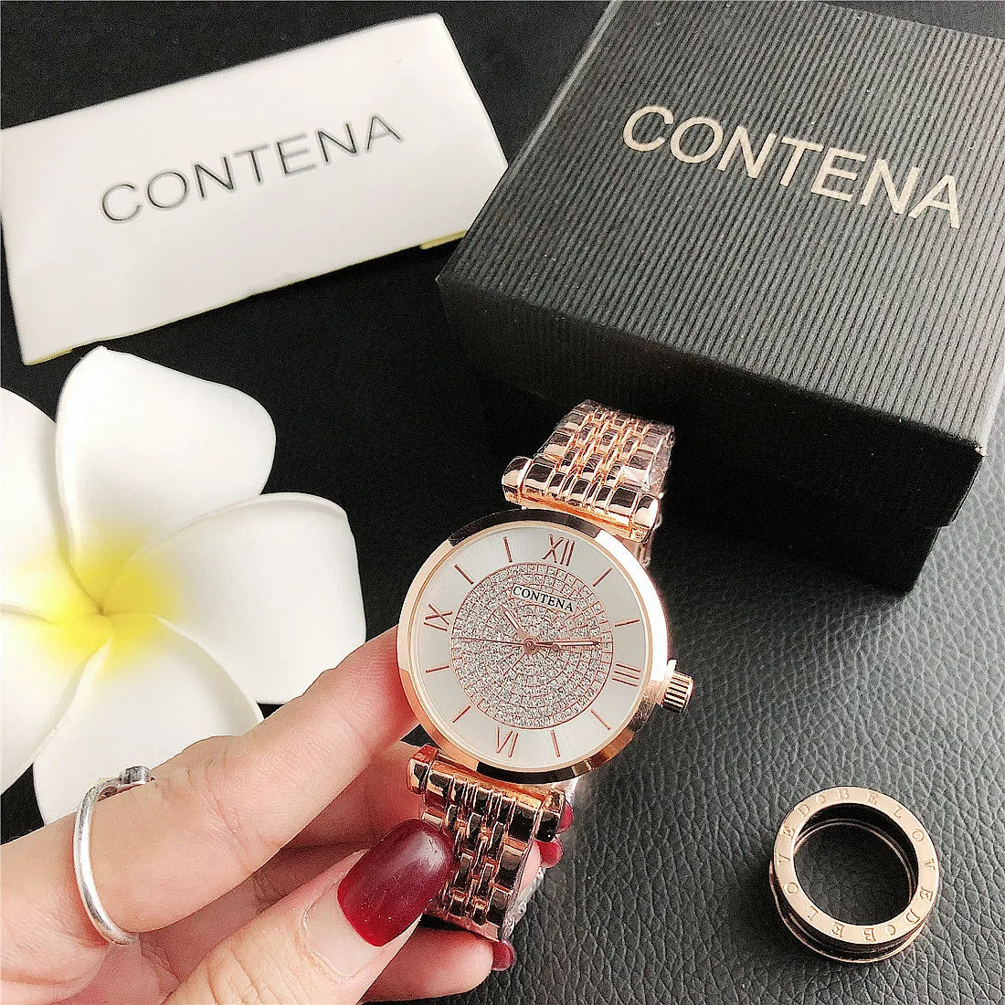Hot selling fashion women's luxury watch, ultra fine mesh strap watch, Full star dial, Rose gold, 2023
