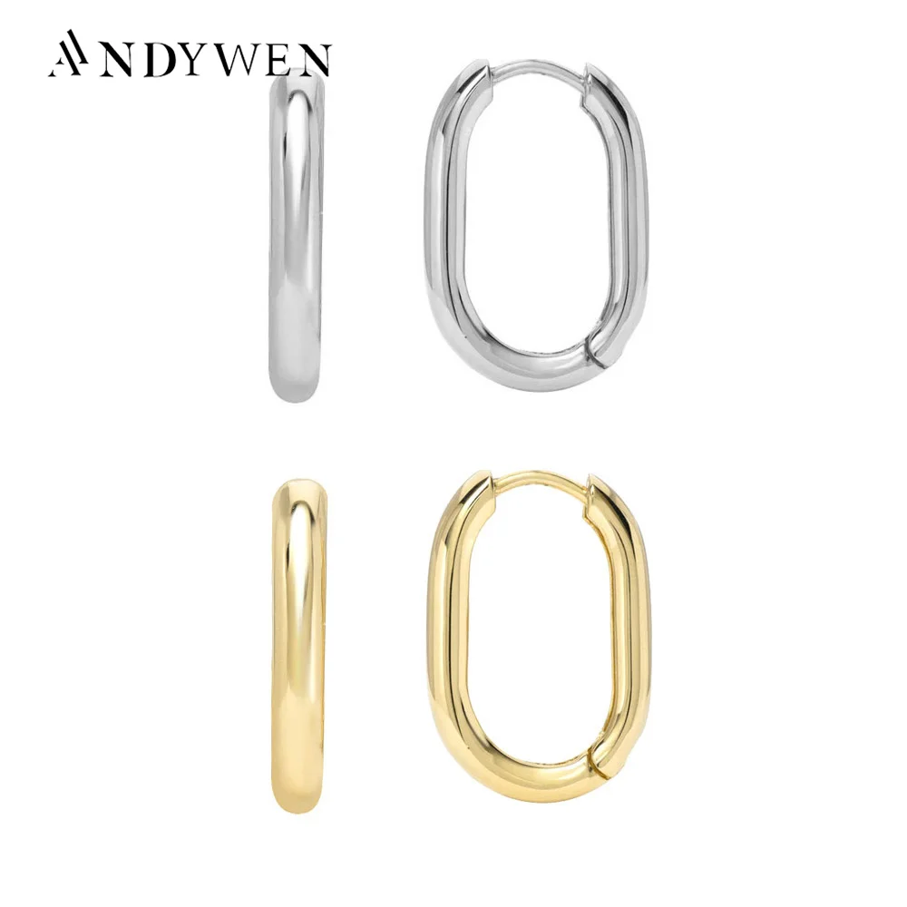 ANDYWEN 925 Sterling Silver Gold Oval Huggies Thick Rectangle Hoops Earring Women Piercing Ohrringe Luxury Fashion Jewelry