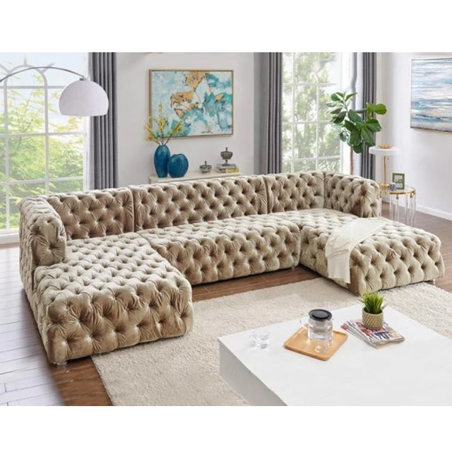 

American luxury velvet Technology cloth button sofa combination villa apartment living room L-shaped Princess corner sofa