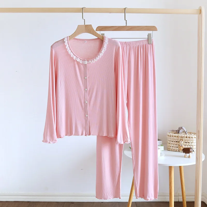 Girl Modal Home Wear Lady Loungewear Crewneck Lace Four Season Thin Fresh Outdoor Great Elasticity Two Piece Set Nightwear Women