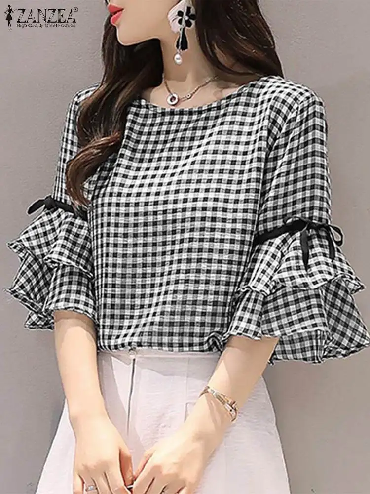 

Korean Style Check Tops Women Summer Blouse ZANZEA 2023 Casual Lace-Up Flounce Sleeve Blusas Female O Neck Tunic Oversized Shirt