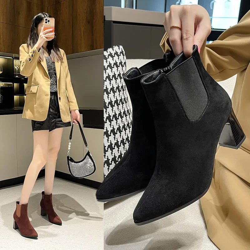 

Women's Boots Solid Color flock Ladies Office Lady Concise Fashion INS Female Shoes Pointed Toe Botines De Mujer Pu Boots Women
