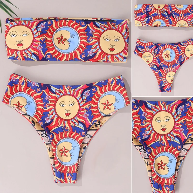 

Female Sexy Open Back Wrap Chest Split Swimsuit Female Print High Waist Bikini Red