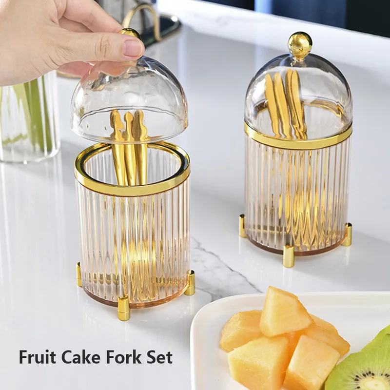 

10PCS Portable Fruit Fork Stainless Steel Dessert Gold Cake Forks With Jars