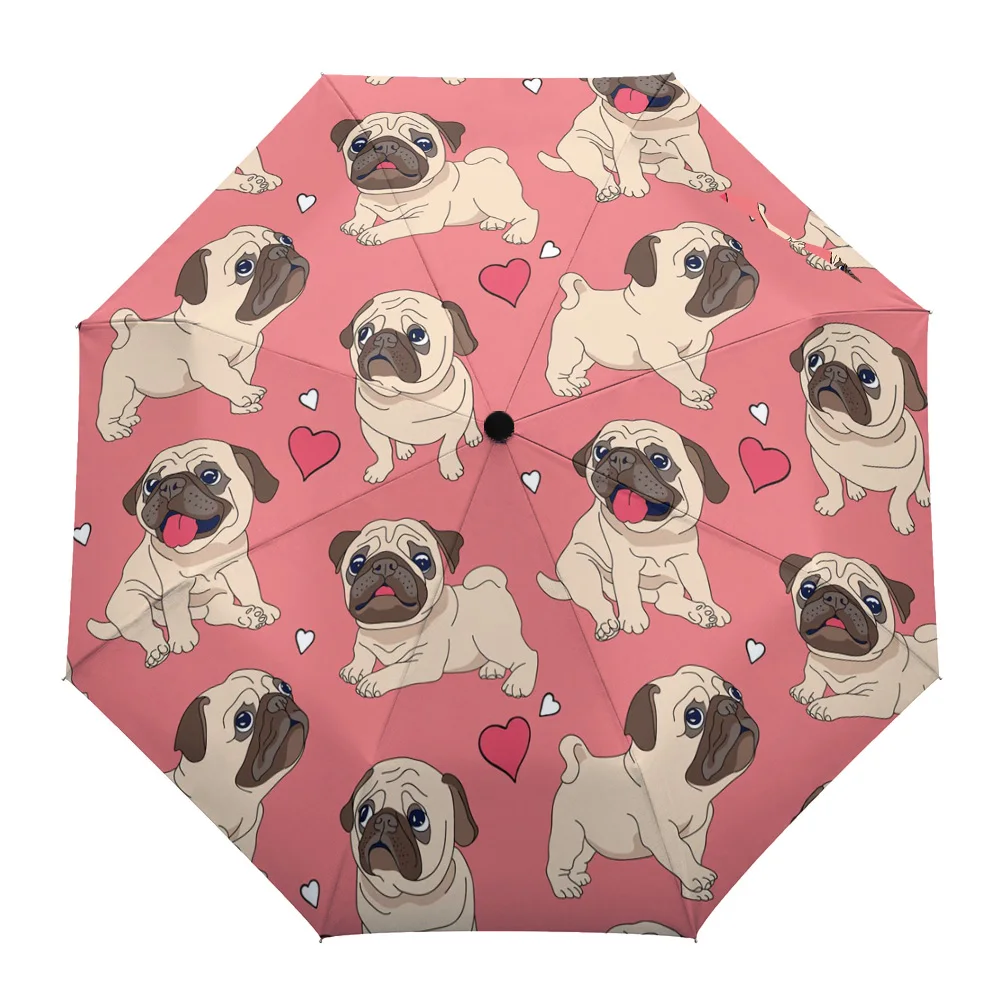 

Animal Pink Pug Love Pets Dog Print Women Men Rain Umbrella Three Folding Girl Durable Portable Automatic Umbrellas Gift Parasol