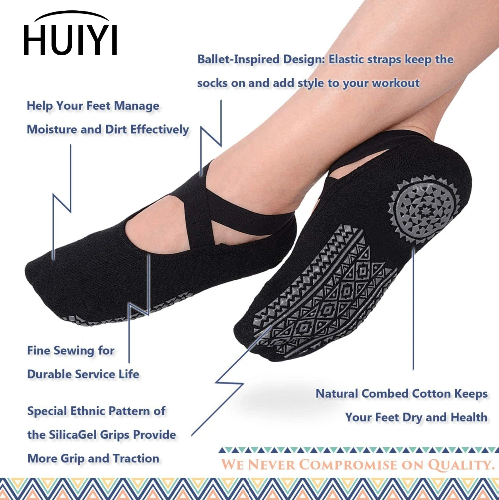 Yoga Socks for Women Non-Slip Grips & Straps, Bandage Cotton Sock, Ideal for Pilates Pure Barre Ballet Dance Barefoot Workout