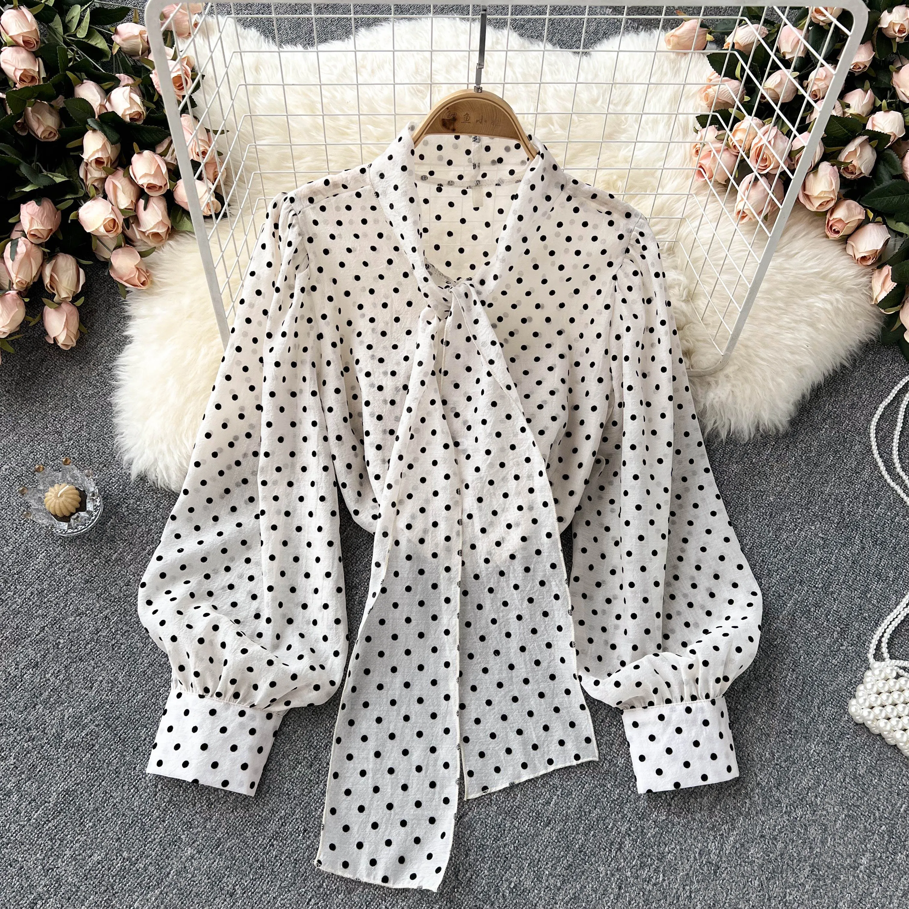 

Женская шифоновая рубашка в горошек, с длинным рукавом и бантом