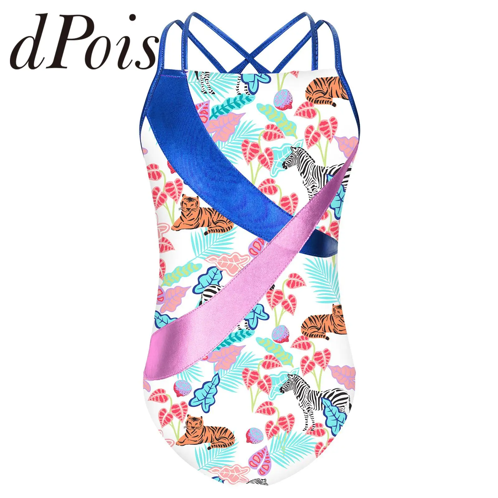 

Gymnastics Jumpsuits Sleeveless Kids Girls Cute Patchwork Printed Ballet Dance Leotards Crisscross Back Ice Skating Bodysuit
