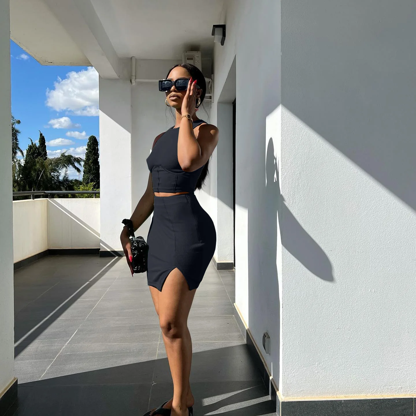 

Summer New Two Peice Set for Women Matching Sets Solid Color Sleeveless Round Neck Short Tops+ Sexy Slit Skirt Set Streetwear