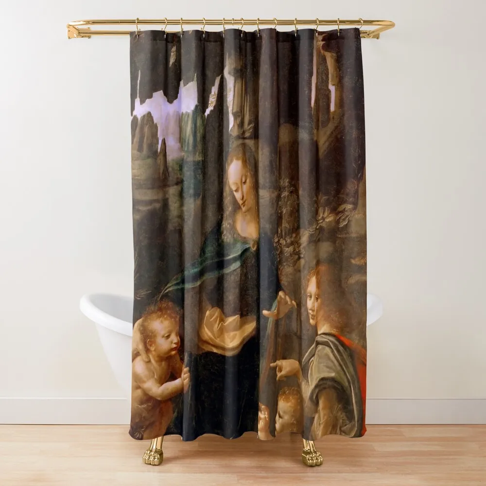 Leonardo da Vinci The Virgin of the Rocks (Louvre) Zasłona prysznicowa Akcesoria toaletowe Łazienka z tkaniny