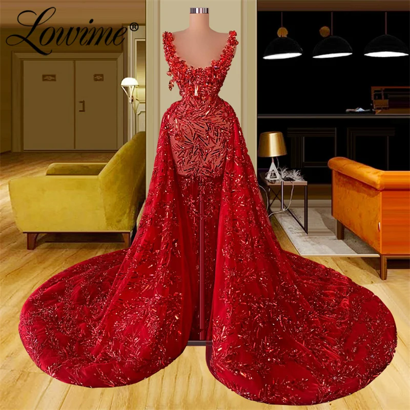 

Lowime Burgundy Sequin Long Evening Dresses With Detachable Train 2022 Beaded Party Dress For Weddings Dubai Arabic Prom Gowns