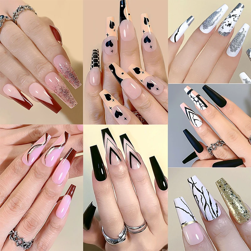 

24 Pcs/Lot Ballet Wearing False Nail Tips Fake Nails Full Cover Press On Coffin Printed Reusable French Removable Nail Decor