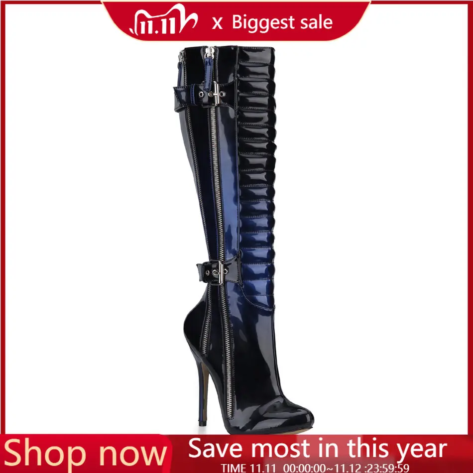 

Sexy Party Stiletto High Heel Zippers Buckles Pleated Women Knee-High Boots Rodilla Botas Mujer Hebilla Cremallera YJ0640cbt-y3