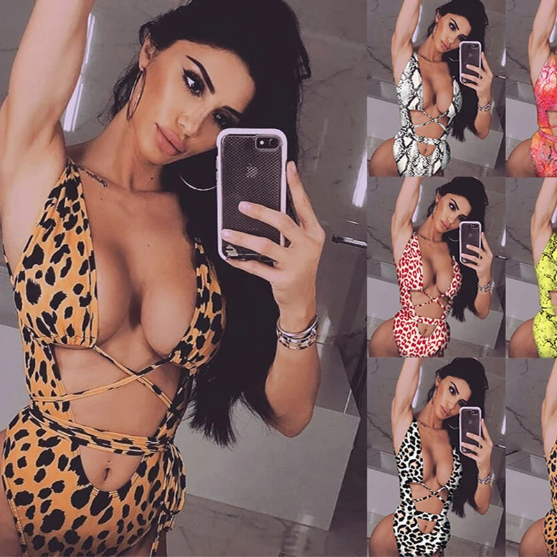 

Sexy Hollow Straps Leopard Print One Piece Swimsuit Backless Beach Vacation Bathing Suit Woman Girl Colorful Fast Shipment 2022